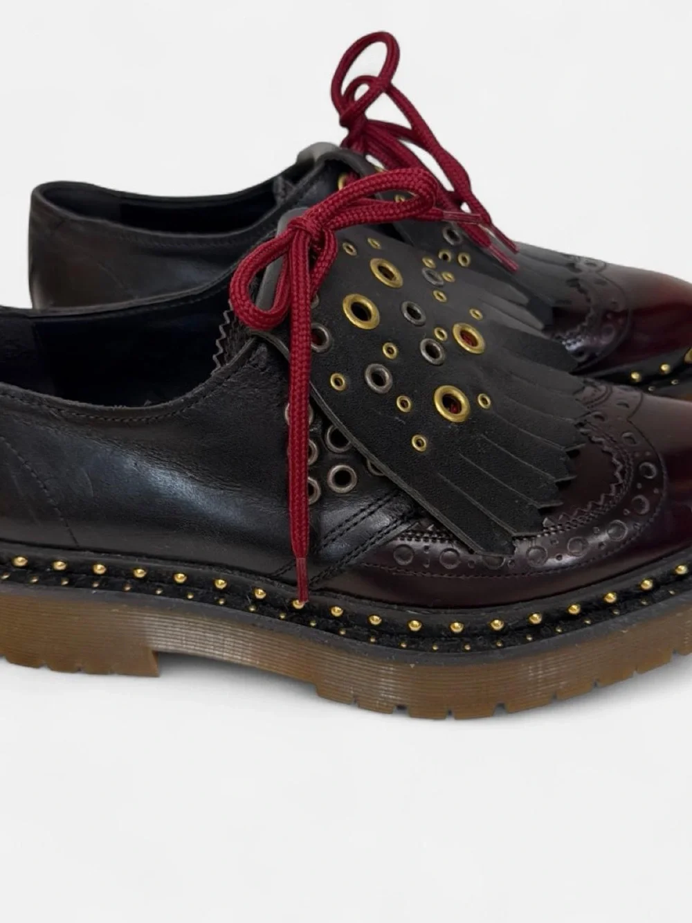 Burberry Black & Burgundy Platform Brogue Oxfords with Gold Accents